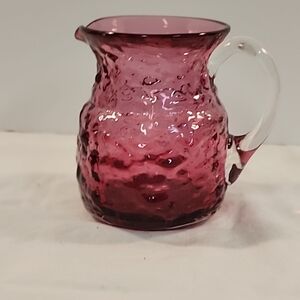 Vintage Cranberry Glass Pitcher Hand Blown Crinkle Bark Textured Creamer Syrup
